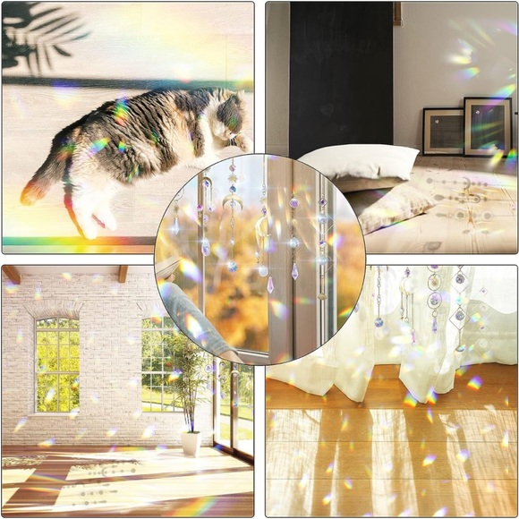 Boho Crystal Suncatcher Moon Chain Pendant Prisms for Window Party Garden Decor - Picture 2 of 6